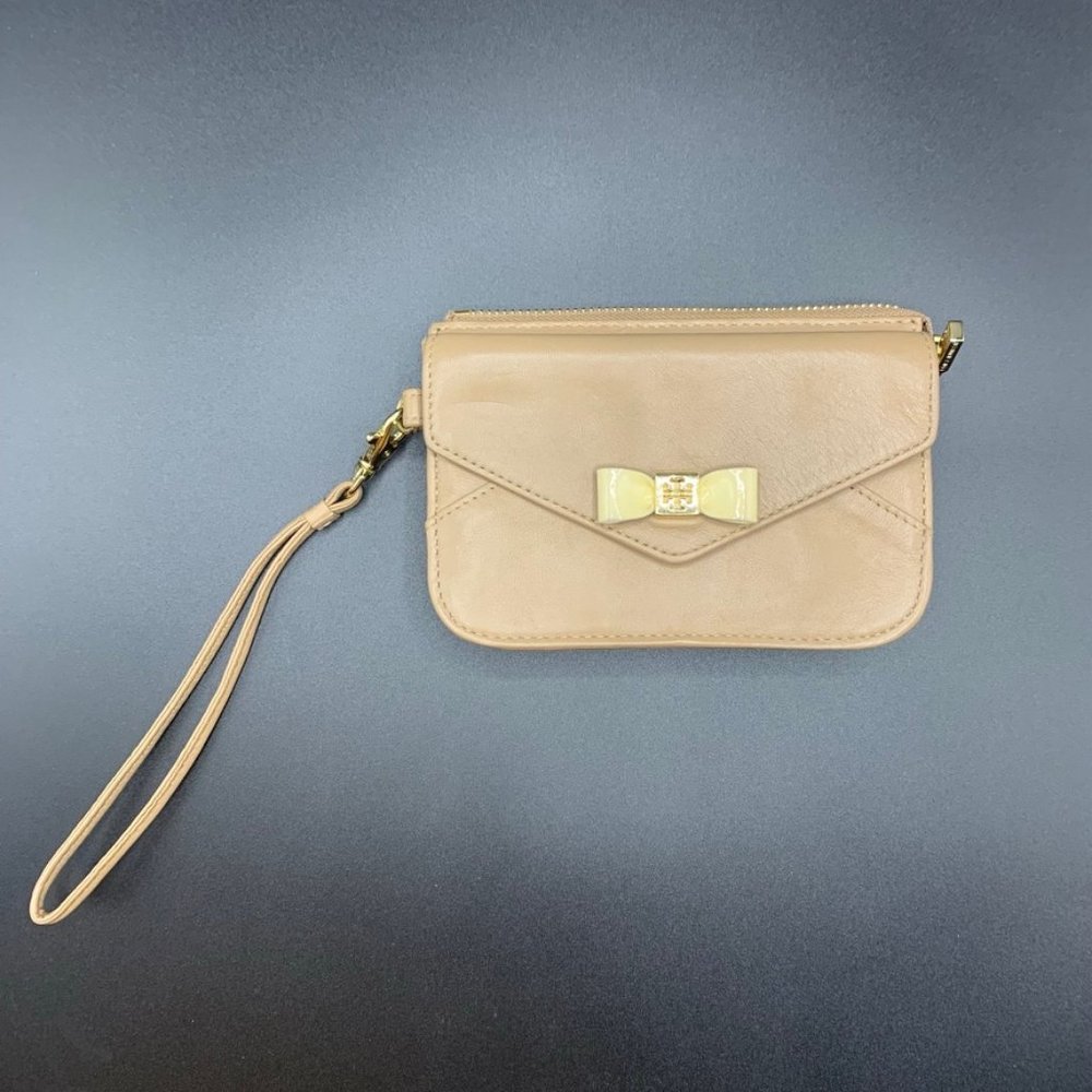 Tory Burch Smart Phone Tan Wristlet Mini Purse with Bow